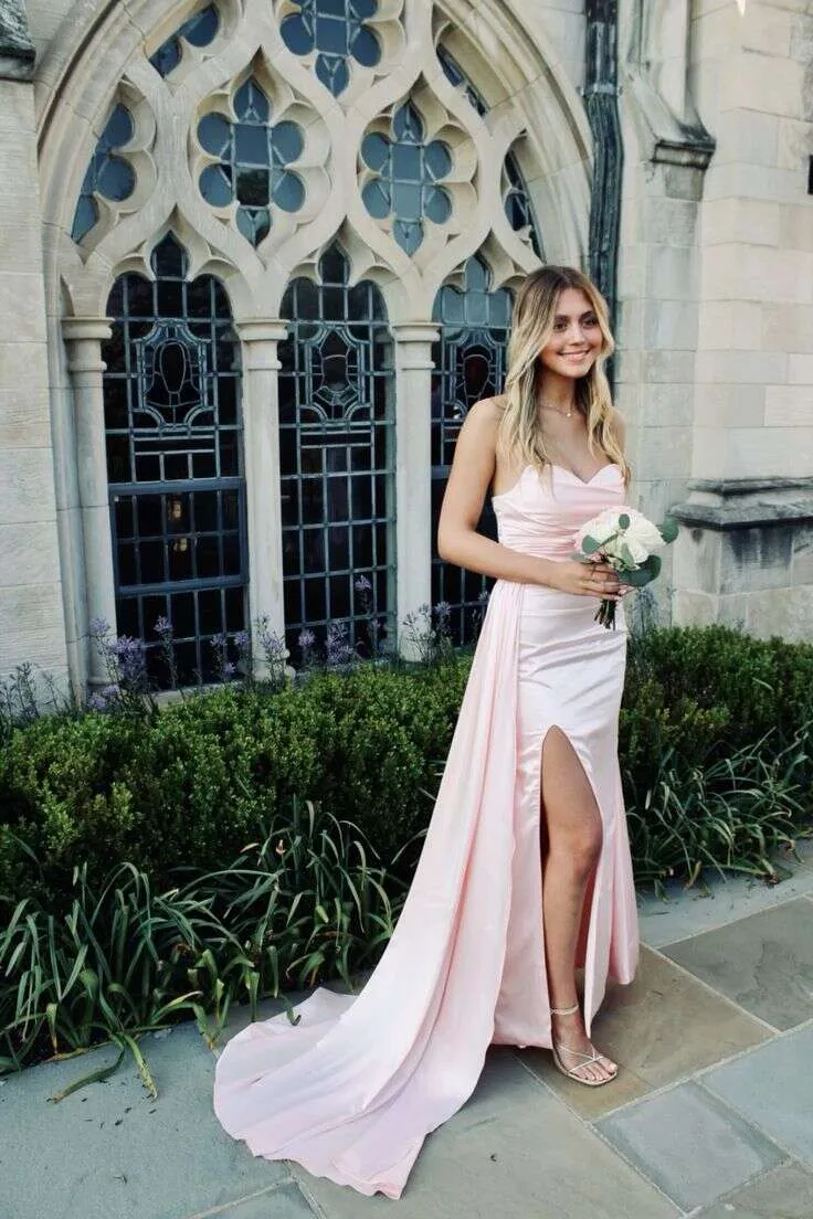 Strapless Pink Satin Ruched Long Formal Dress with Train