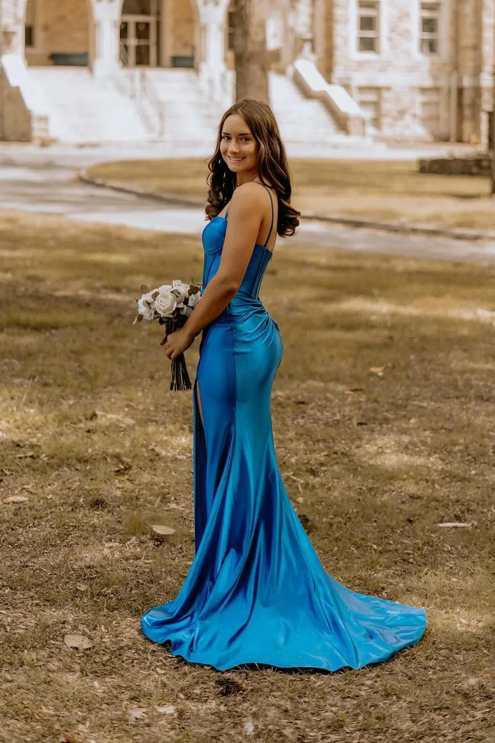 Straps Blue Satin Mermaid Long Formal Dress