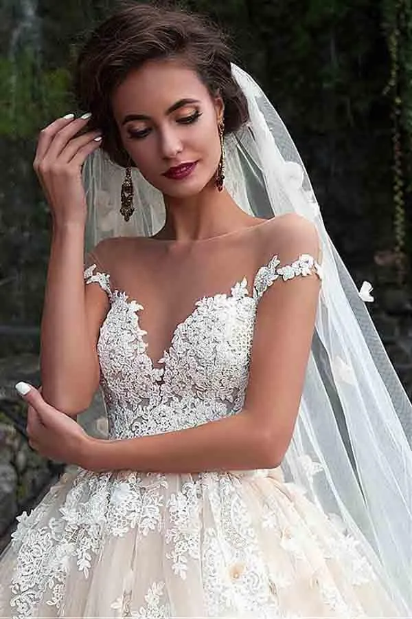Stunning V-Neck Cap Sleeves Ball Gown Floor Length Wedding Dress TN0050