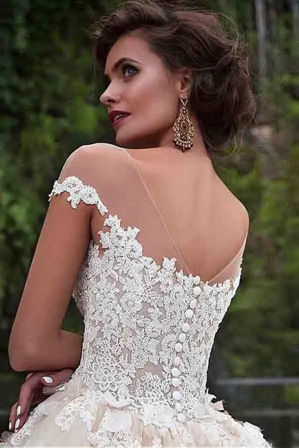 Stunning V-Neck Cap Sleeves Ball Gown Floor Length Wedding Dress TN0050