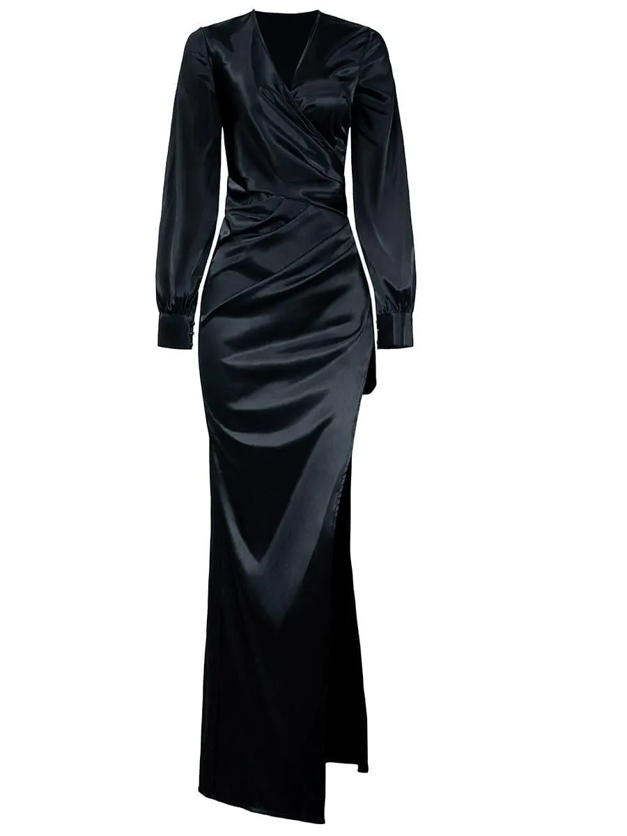 Surplice Neck Split Satin Prom Dress XH1793