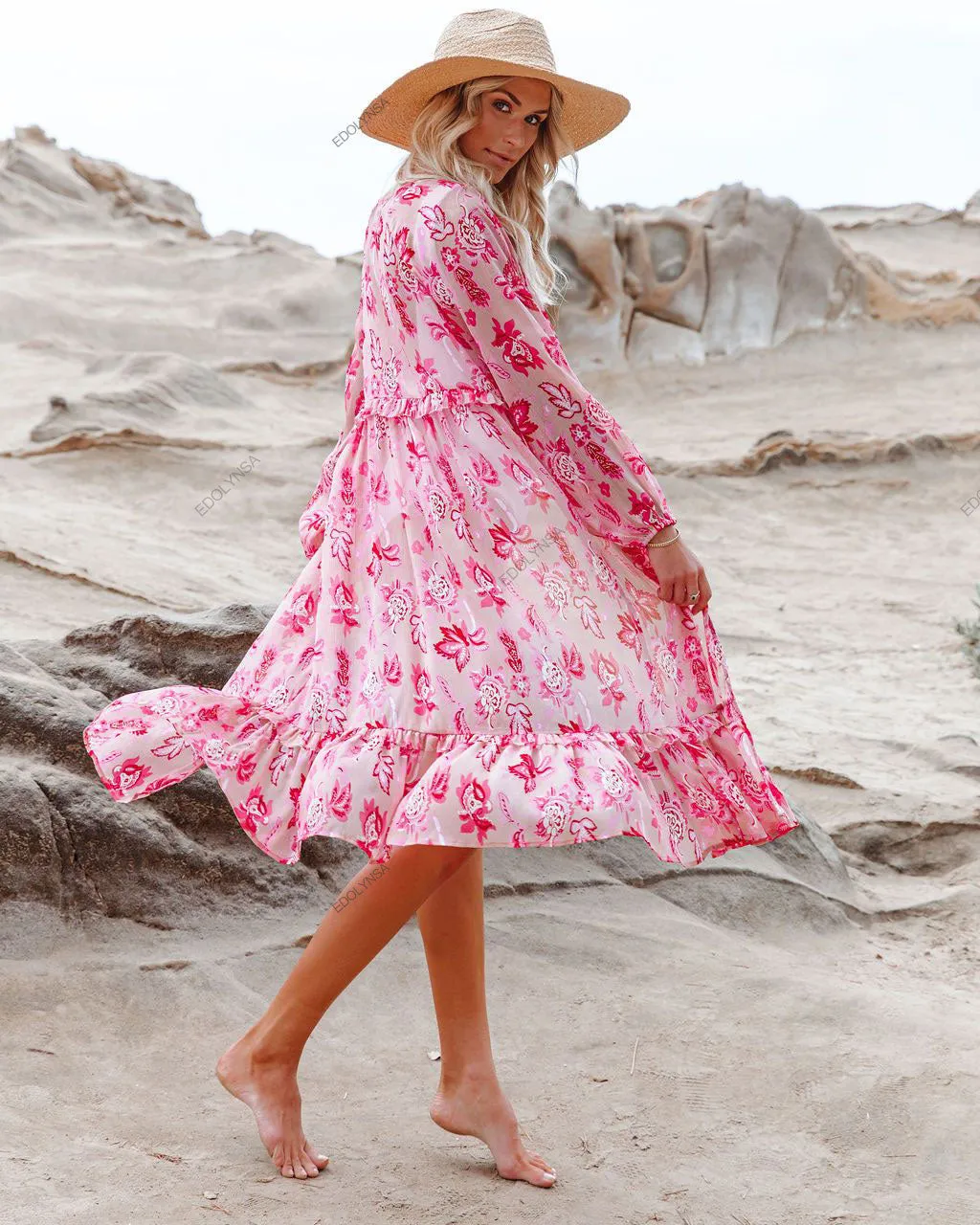 Sweet Pink Print Long Sleeve Front Open Vocation Midi Dress Pink Tunic Women Beach Wear Swim Suit Dresses A990