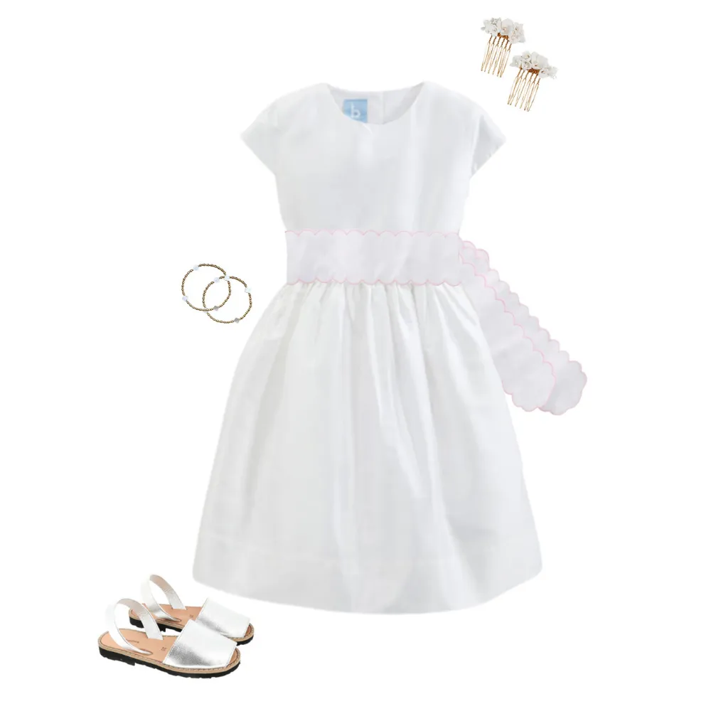 Taffeta Party Dress - White w/ White Sash