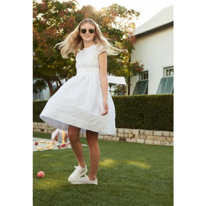 Taffeta Party Dress - White w/ White Sash