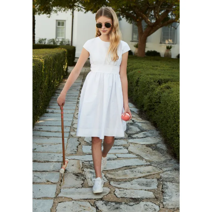 Taffeta Party Dress - White w/ White Sash