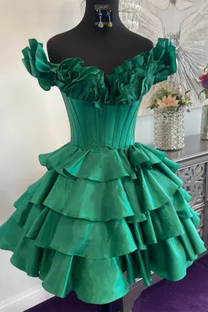 Taffeta Ruffle Off the Shoulder Ruffles Short Green Ball Gown