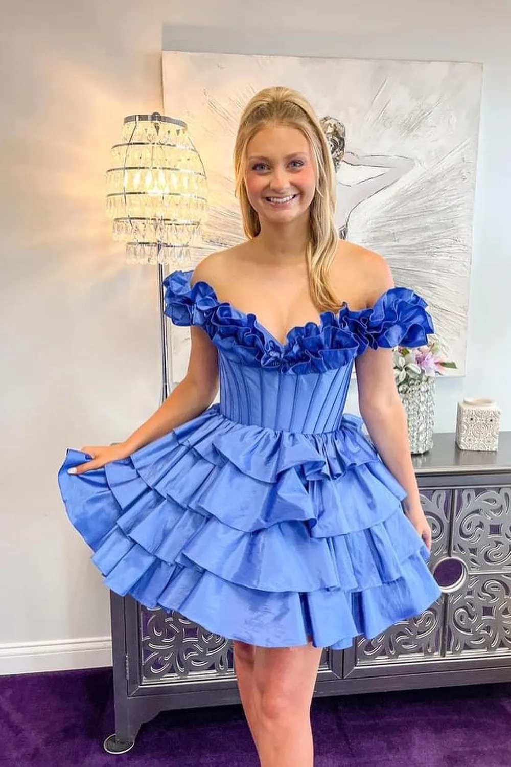 Taffeta Ruffle Off the Shoulder Ruffles Short Green Ball Gown