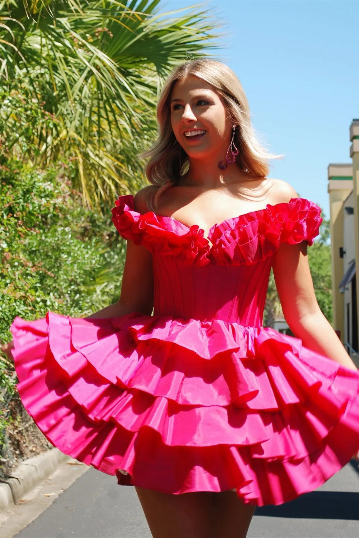 Taffeta Ruffle Off the Shoulder Ruffles Short Green Ball Gown