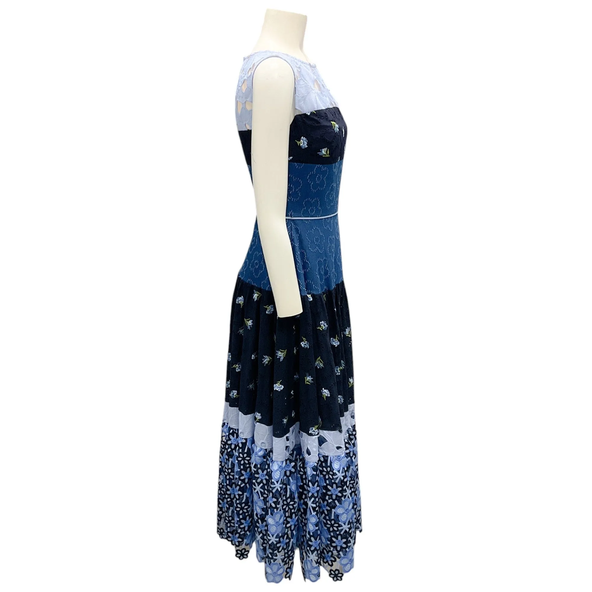 Talbot Runhof Blue Multi Broderie Anglaise-Inset Midi Dress