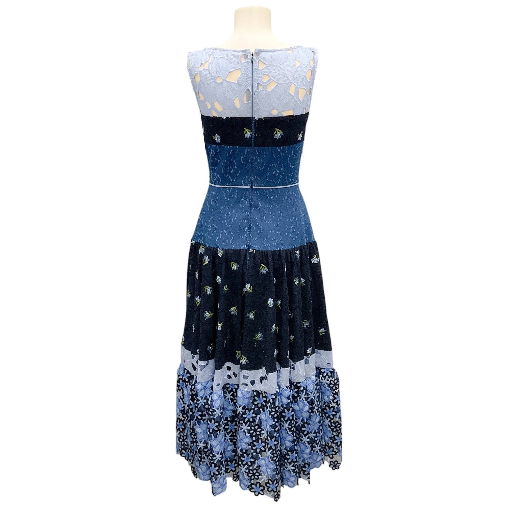 Talbot Runhof Blue Multi Broderie Anglaise-Inset Midi Dress