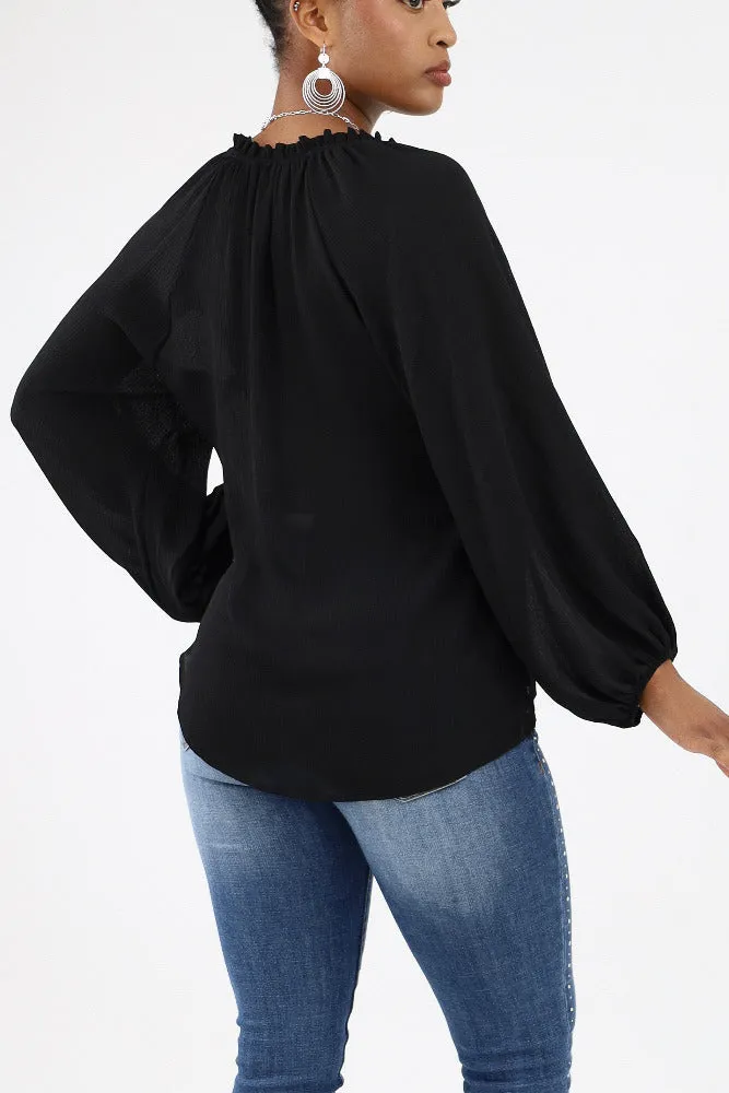 Textured Solid Tunic Top -Black