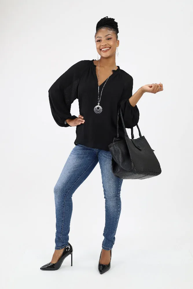 Textured Solid Tunic Top -Black