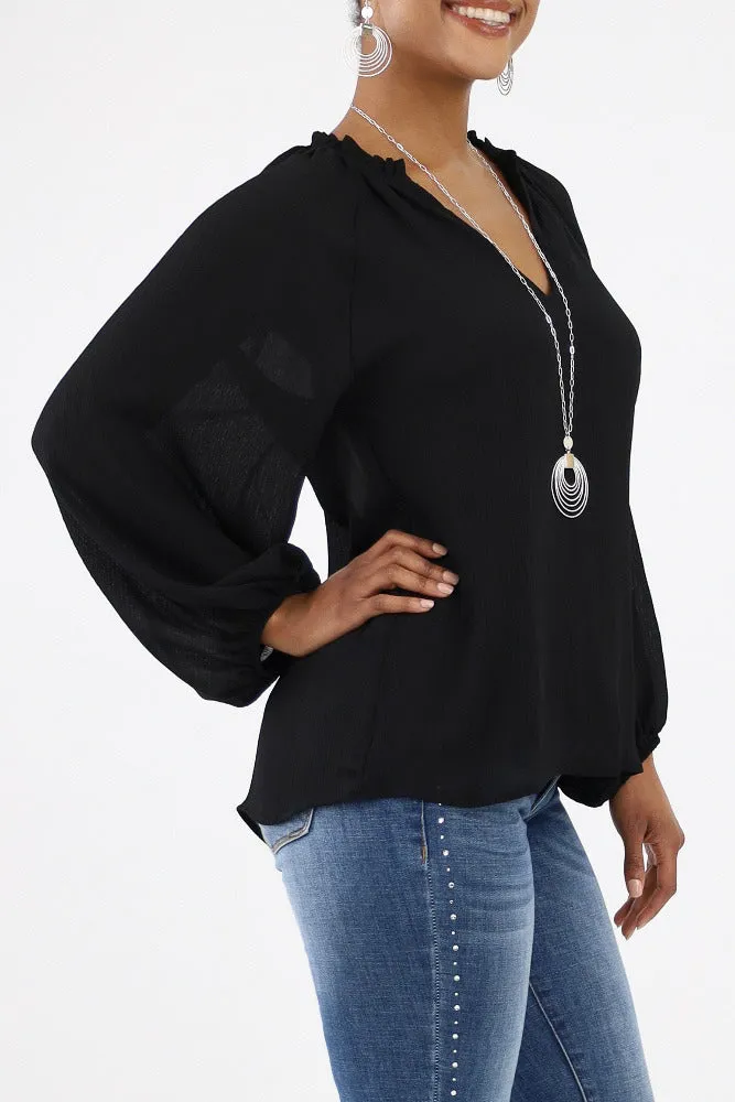 Textured Solid Tunic Top -Black