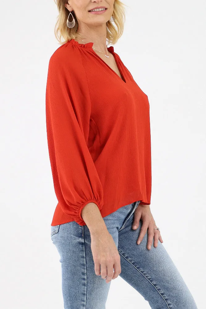 Textured Solid Tunic Top -Red