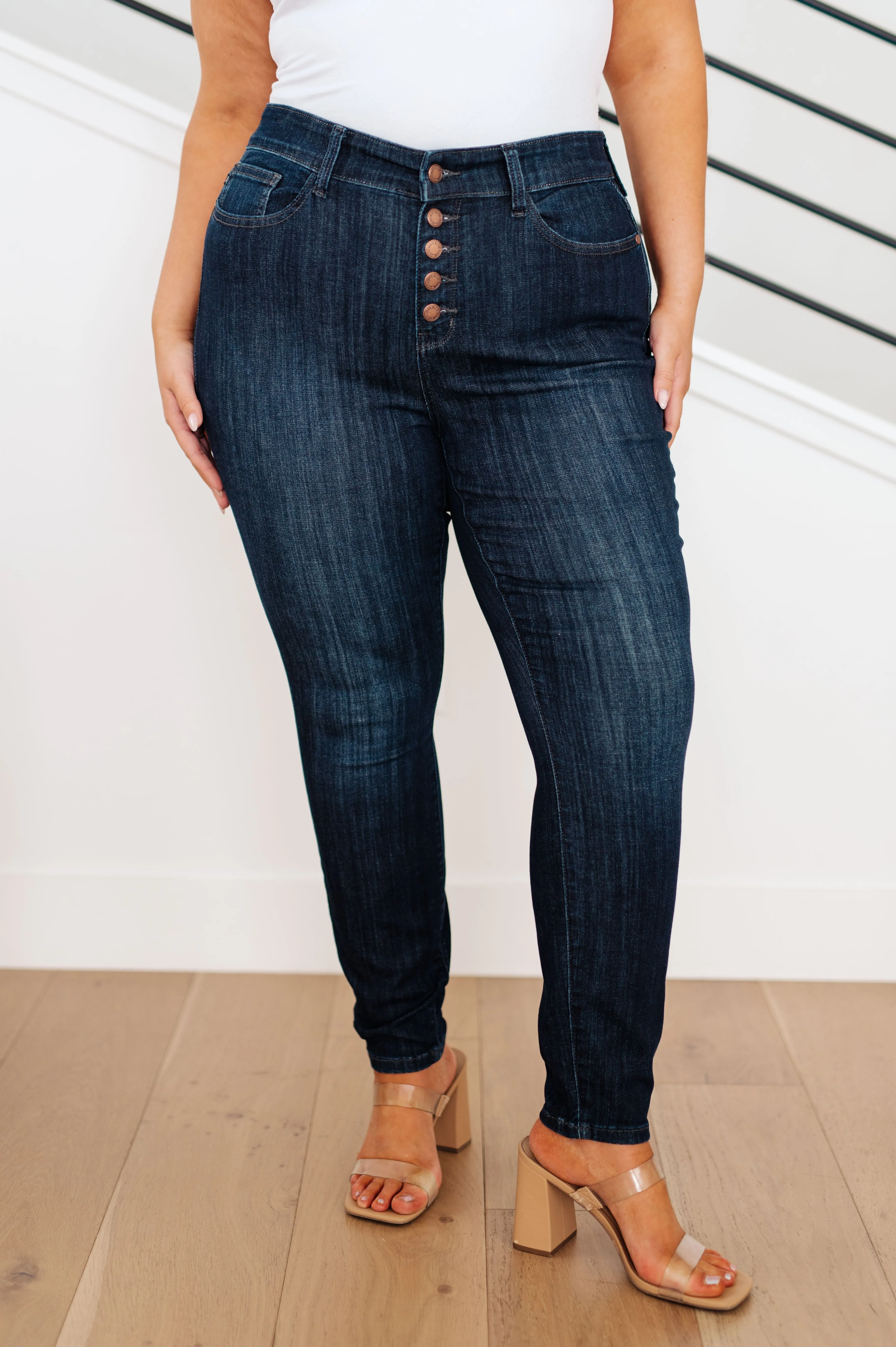 The Naomi- Judy Blue Dark Button Fly Skinny Jeans