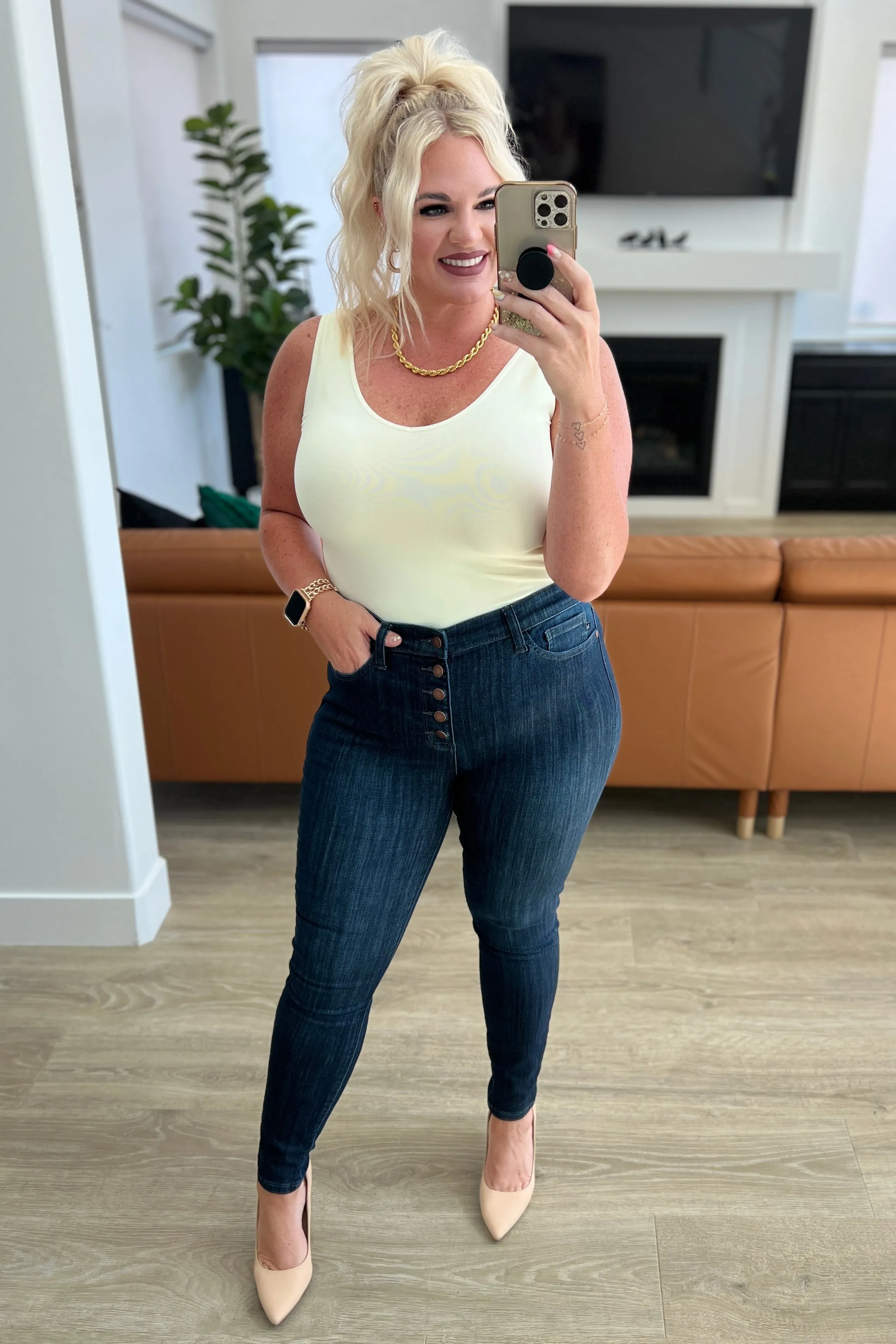 The Naomi- Judy Blue Dark Button Fly Skinny Jeans