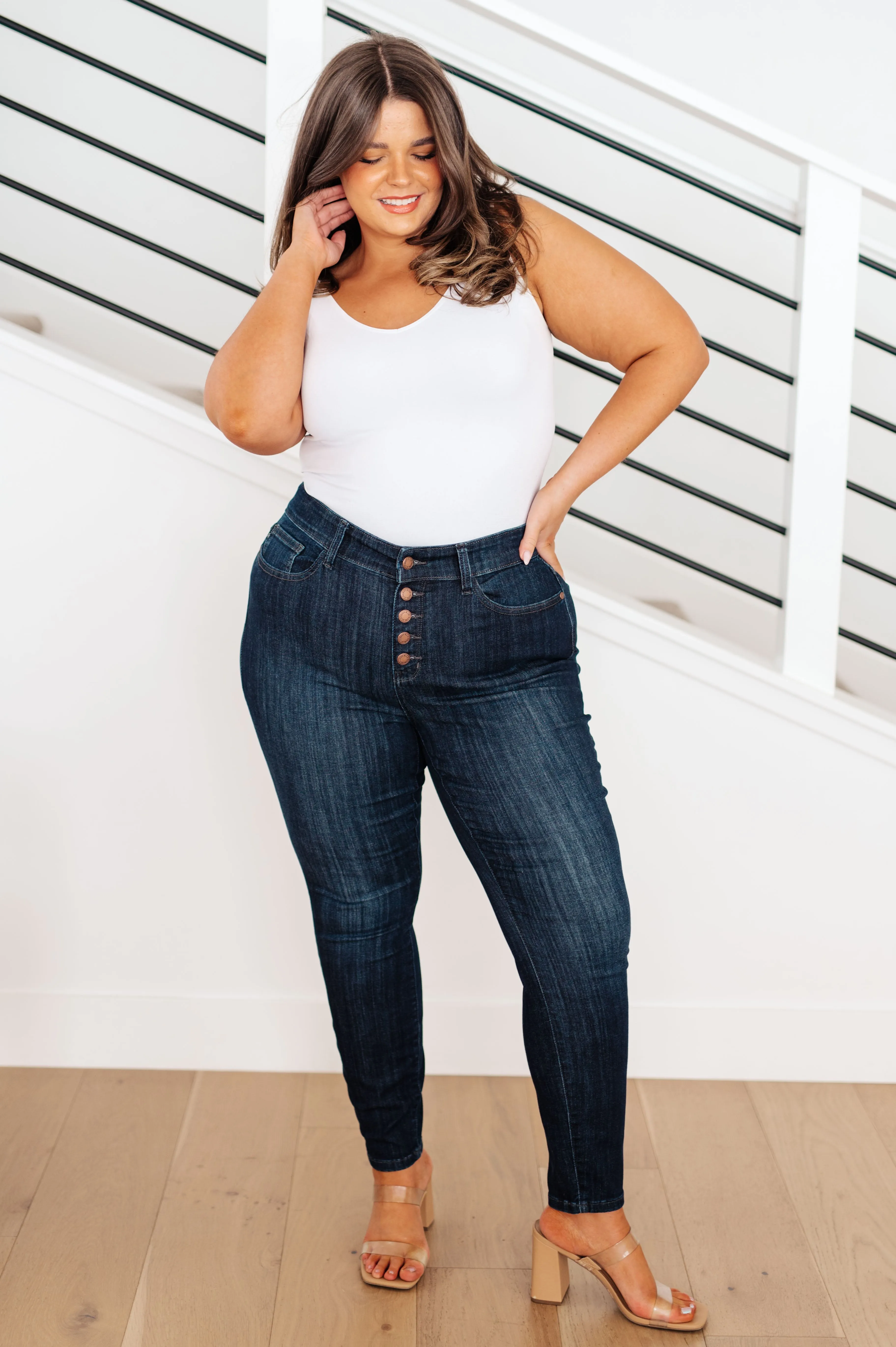 The Naomi- Judy Blue Dark Button Fly Skinny Jeans