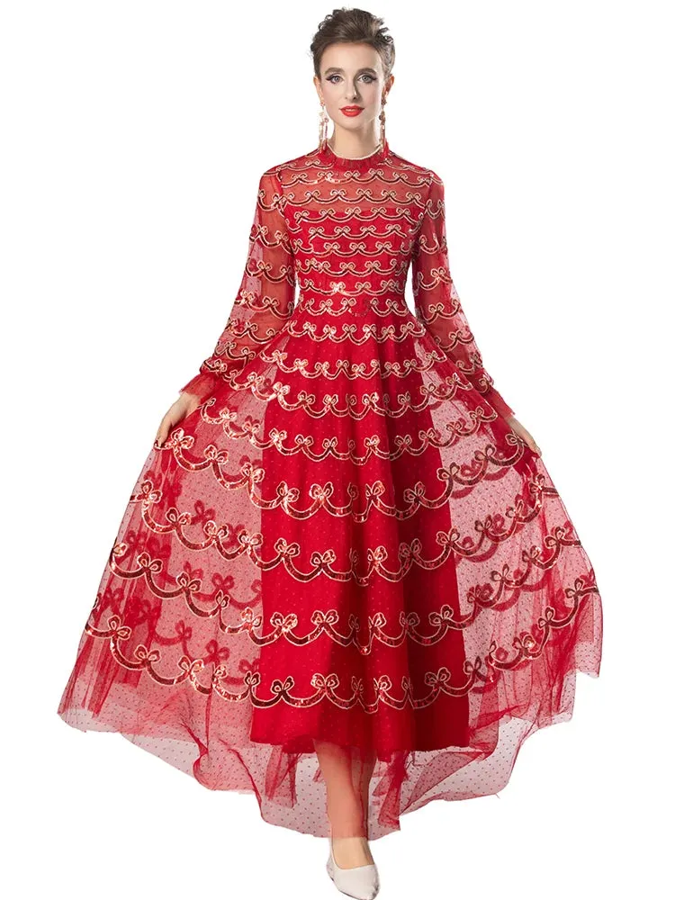 Tilda Long Dress Women's O-Neck Lantern Sleeve Sequins Embroidery Vintage Dress