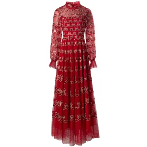 Tilda Long Dress Women's O-Neck Lantern Sleeve Sequins Embroidery Vintage Dress