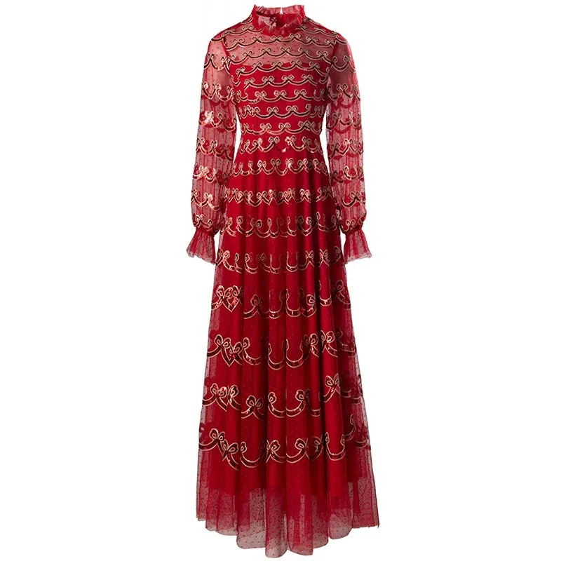 Tilda Long Dress Women's O-Neck Lantern Sleeve Sequins Embroidery Vintage Dress