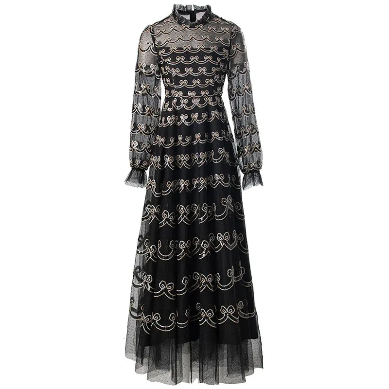Tilda Long Dress Women's O-Neck Lantern Sleeve Sequins Embroidery Vintage Dress