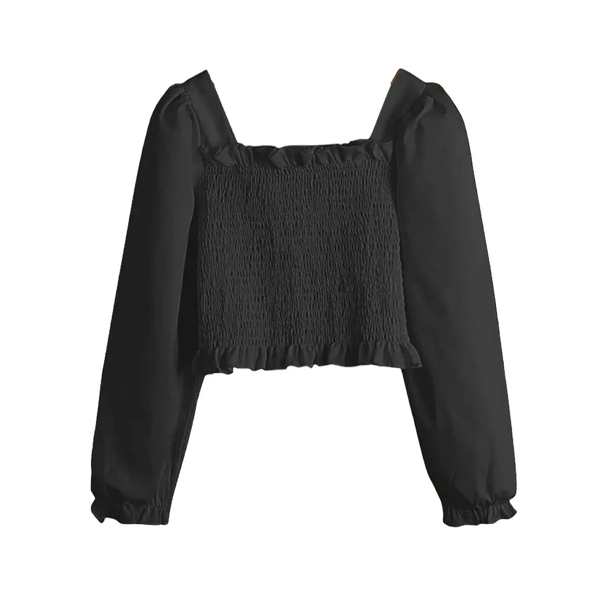Tweenstyle Matte Satin Smocked Crop Top w/Balloon Sleeve - Black
