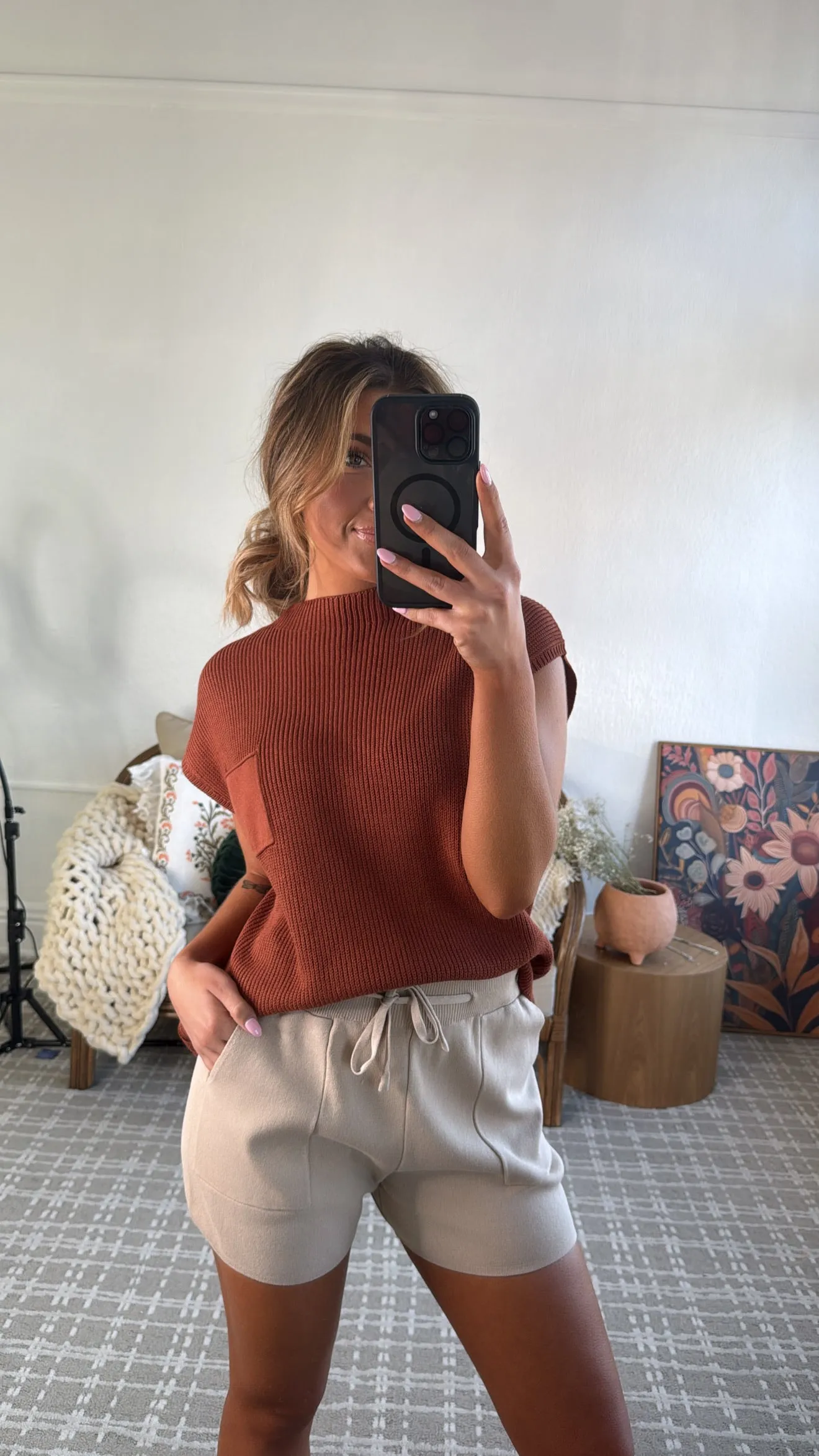 Two Piece Sweater Top & Short Set, Rust