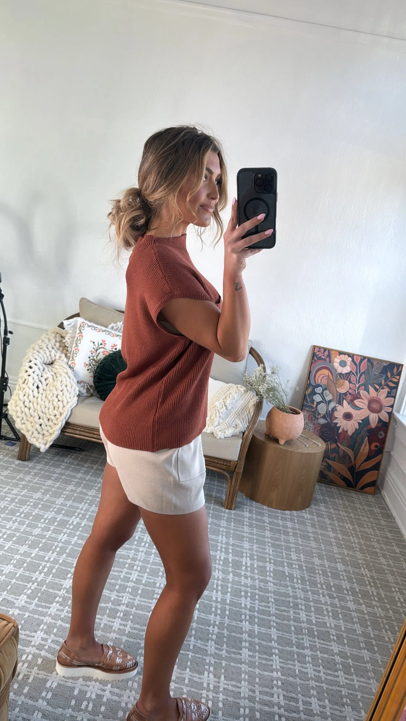 Two Piece Sweater Top & Short Set, Rust