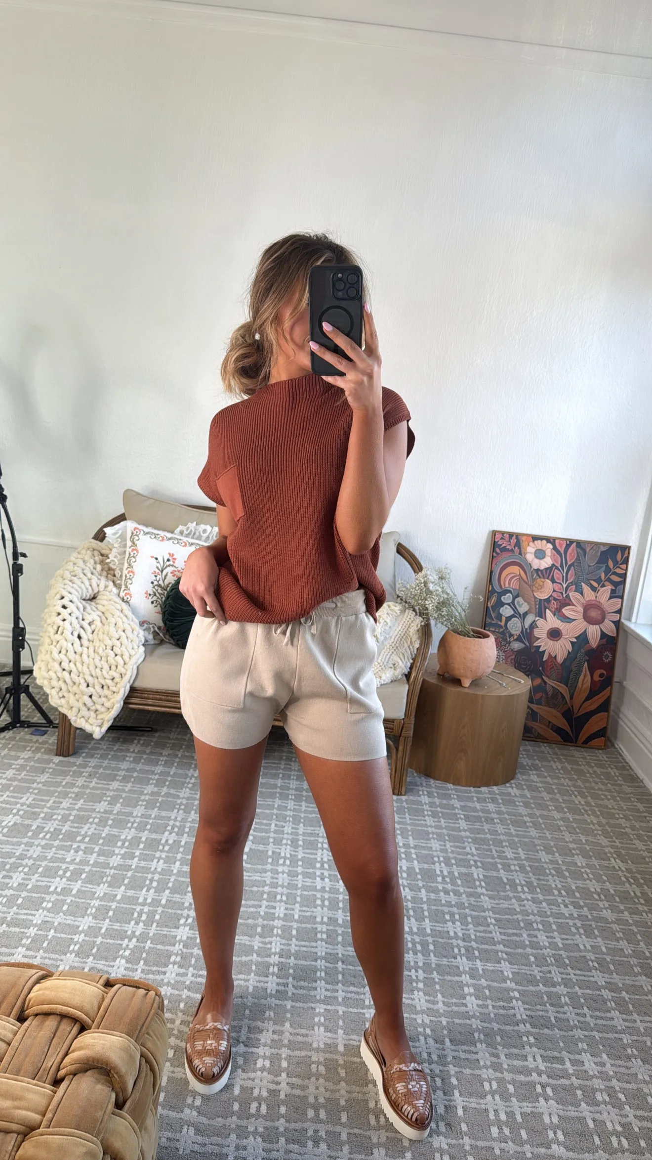 Two Piece Sweater Top & Short Set, Rust