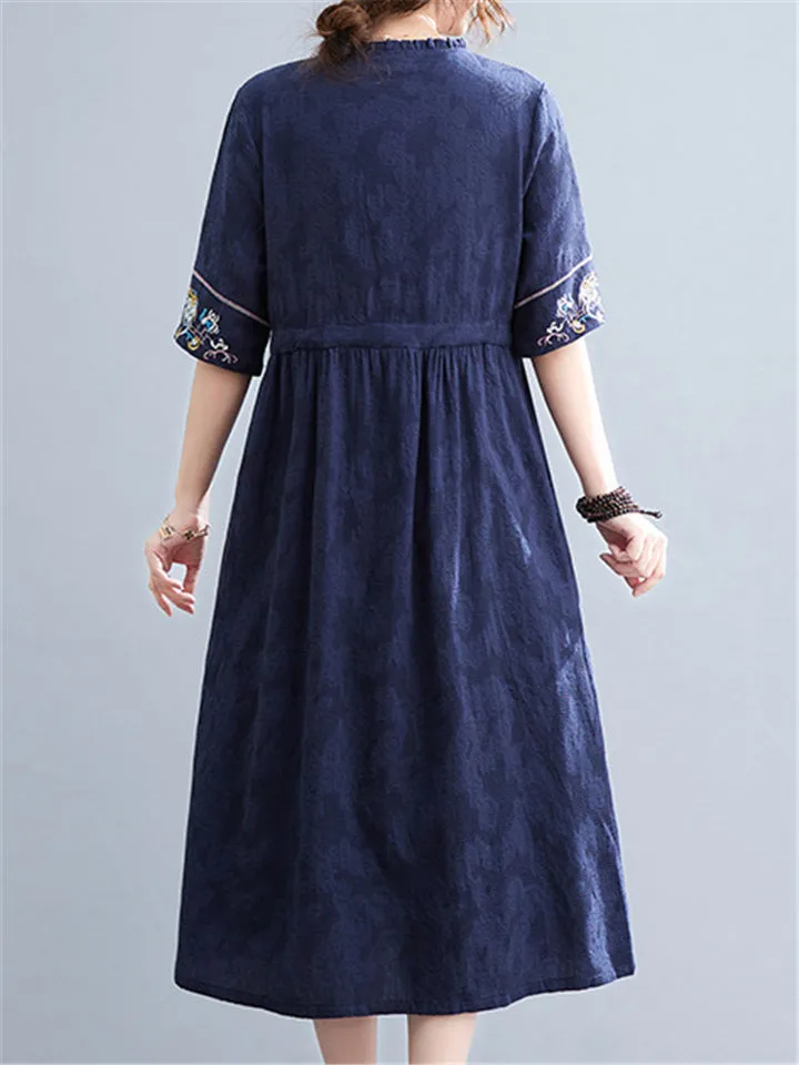 V-Neck Embroidered Lacing Solid Color Dresses