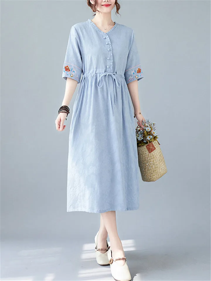 V-Neck Embroidered Lacing Solid Color Dresses