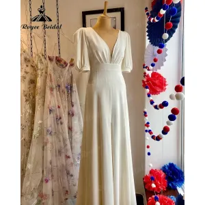 Vintage V Neck Soft Satin Split Middle Wedding Gown for Women  Bridal Receipt Gown with Puff Short Sleeve Hochzeitskleider