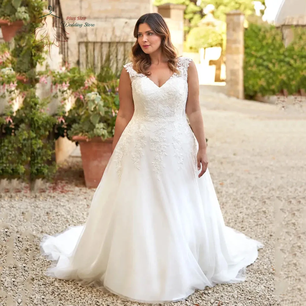 Wedding Guest Dresses: Wedding Dresses Plus Size V Neck Sleeveless Bride Gowns