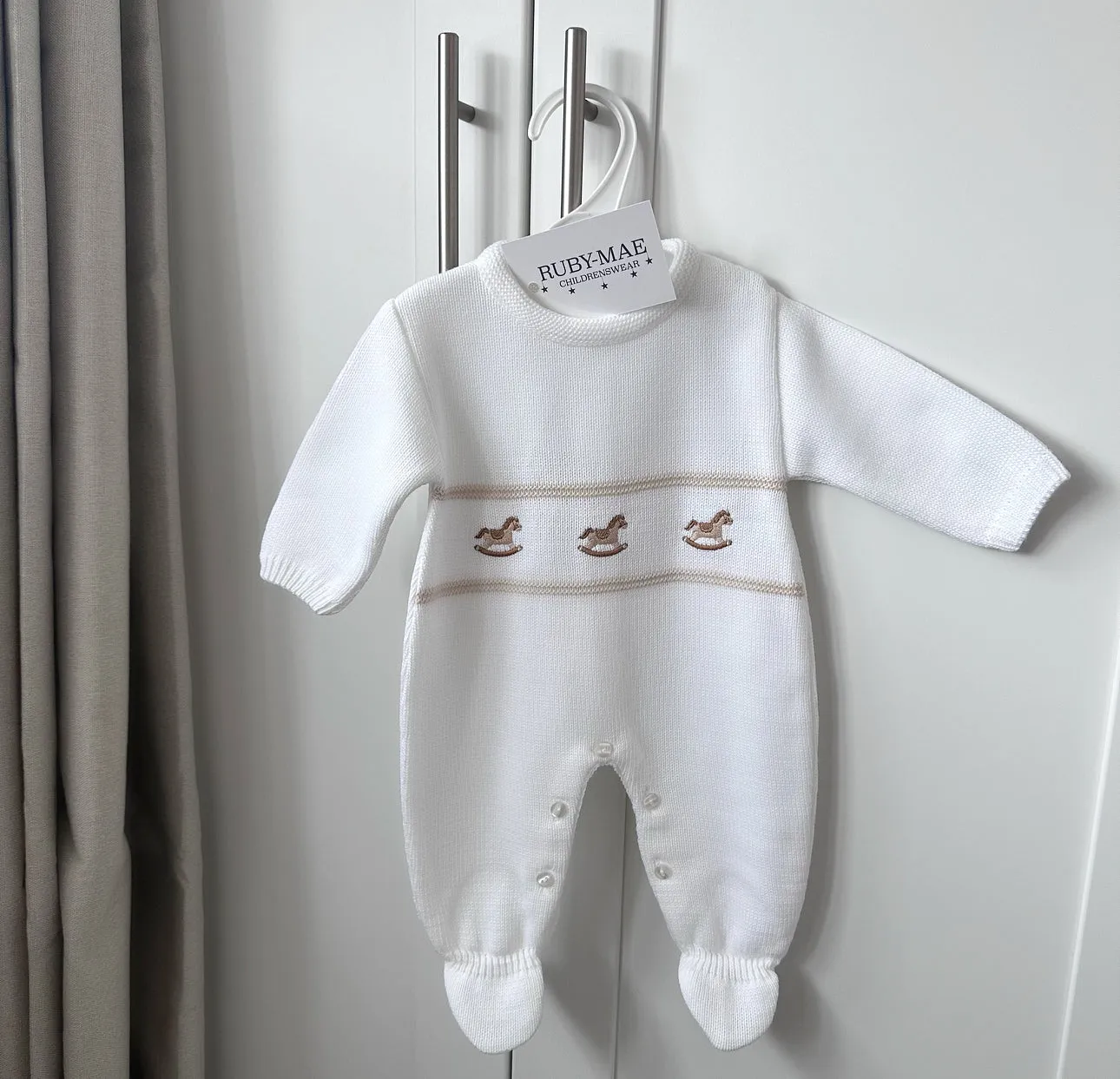 White Rocking Horse Knitted Babygrow