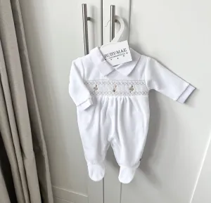 White Velour Smock Babygrow