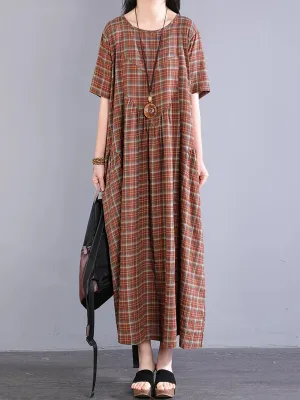 Women Summer Artsy Plaid O-Neck 100%Cotton Maxi Dress