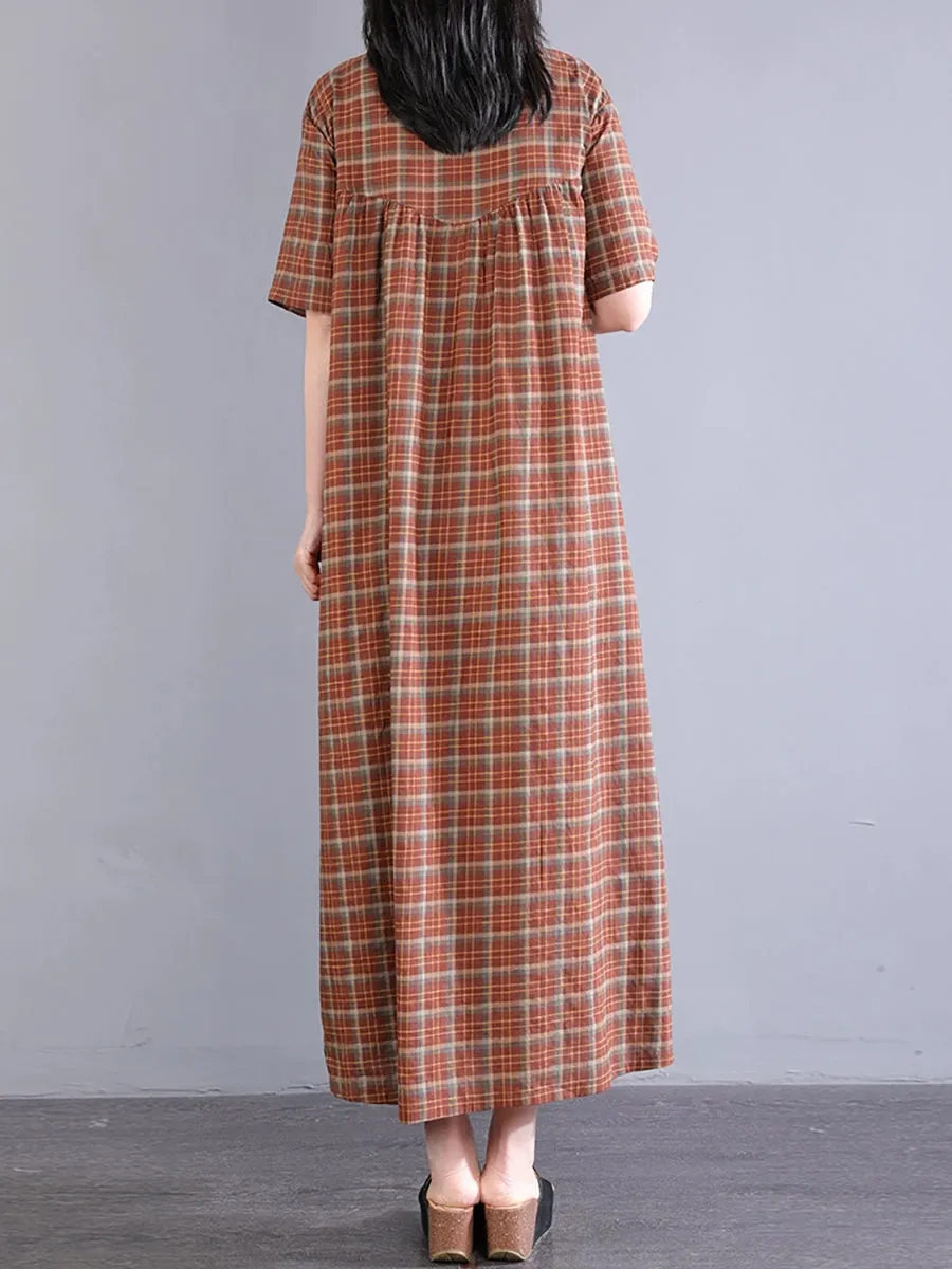 Women Summer Artsy Plaid O-Neck 100%Cotton Maxi Dress