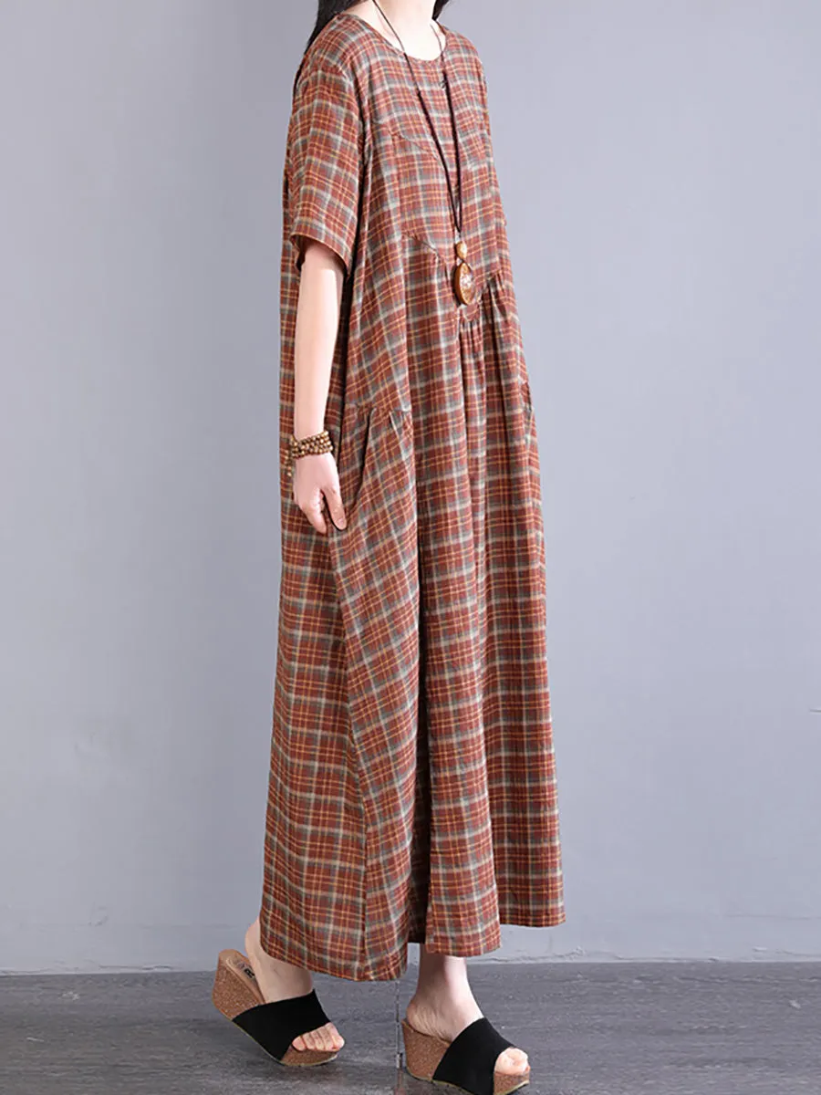 Women Summer Artsy Plaid O-Neck 100%Cotton Maxi Dress