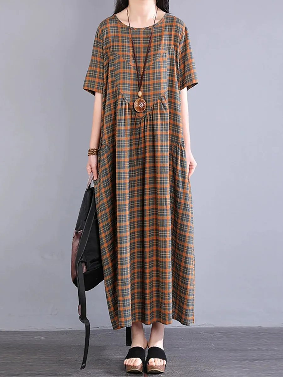 Women Summer Artsy Plaid O-Neck 100%Cotton Maxi Dress