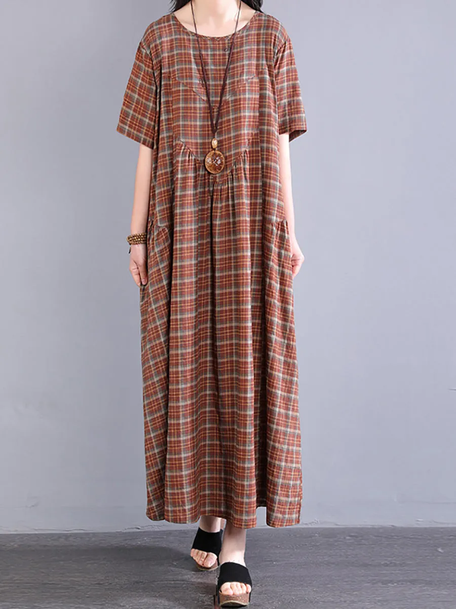 Women Summer Artsy Plaid O-Neck 100%Cotton Maxi Dress