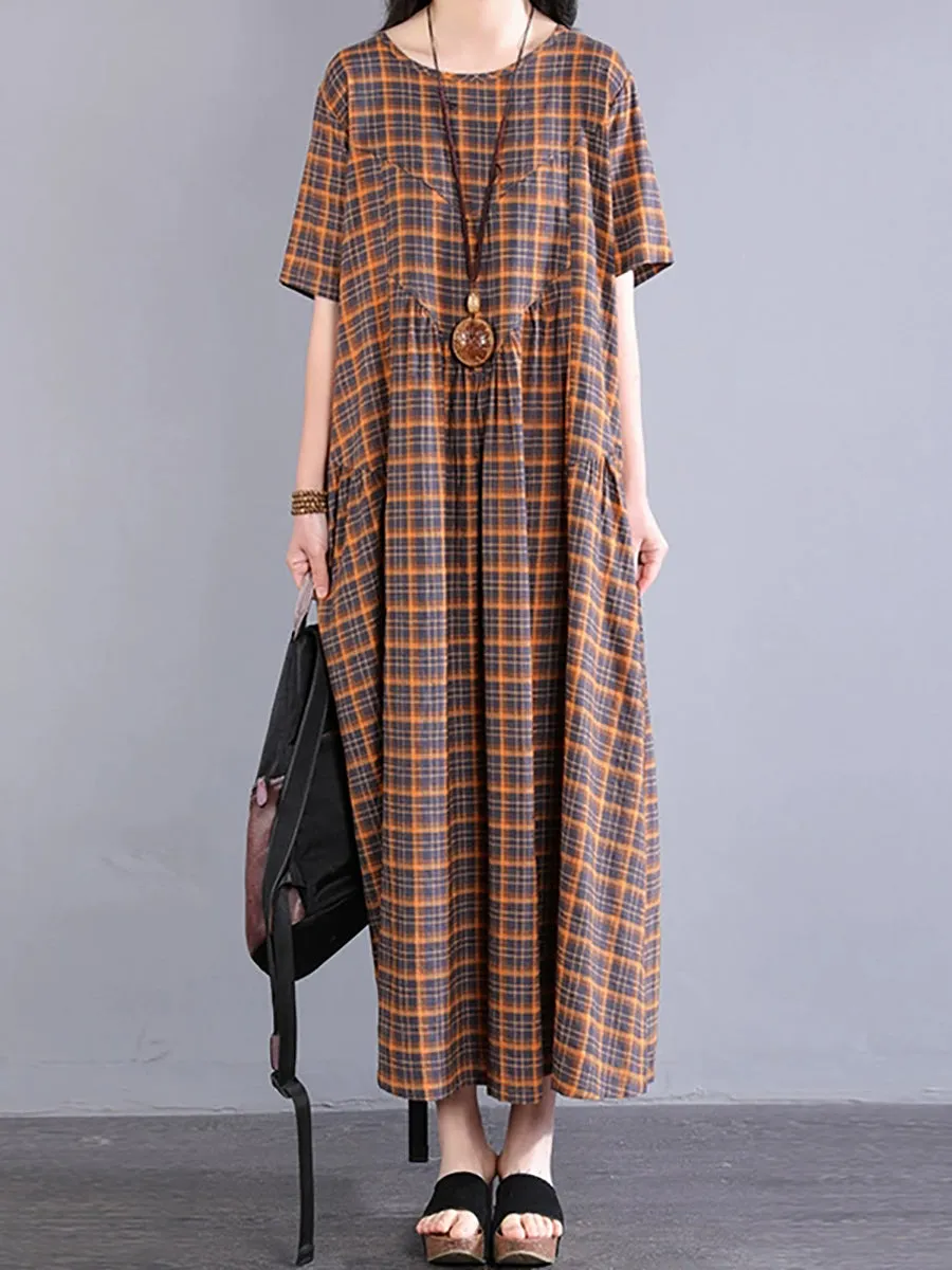Women Summer Artsy Plaid O-Neck 100%Cotton Maxi Dress