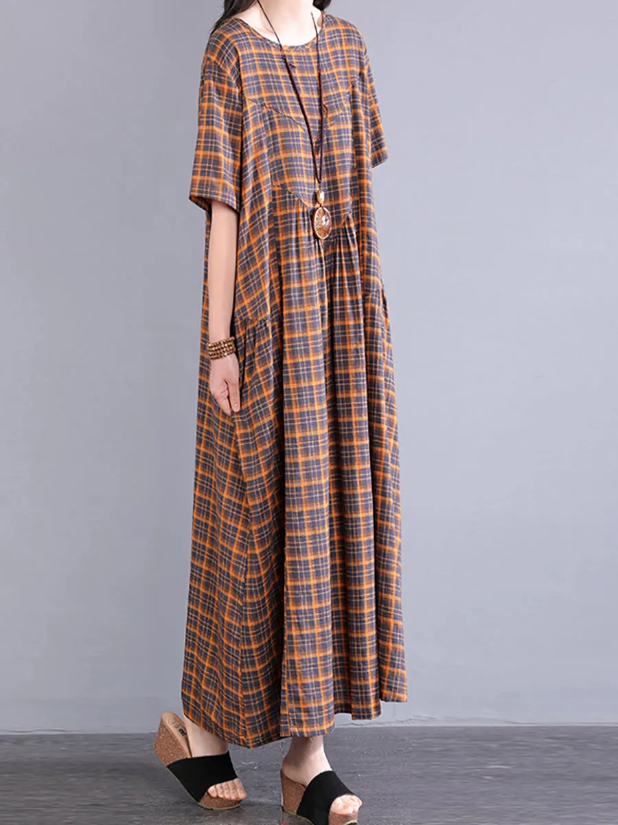 Women Summer Artsy Plaid O-Neck 100%Cotton Maxi Dress