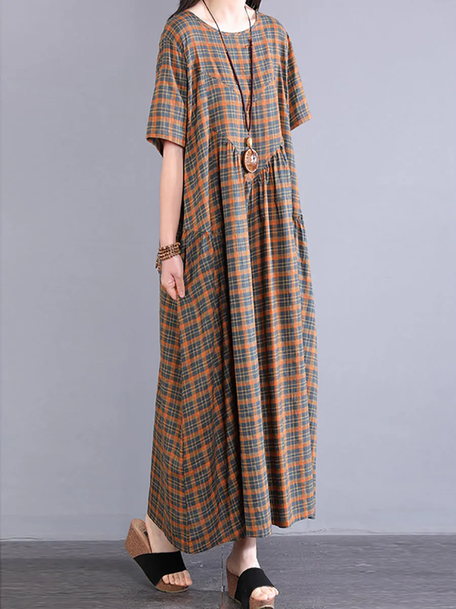 Women Summer Artsy Plaid O-Neck 100%Cotton Maxi Dress