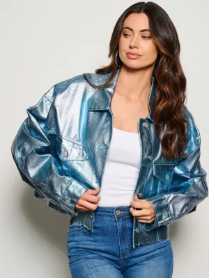 WOMEN'S LONG SLEEVE BUTTON CLOSURE STUDS FRINGE METALLIC JACKET