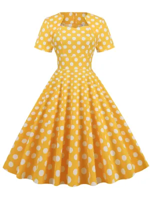 Yellow Polka Dots Sweet Heart Audrey Hepburn Style Cocktail Swing Dress